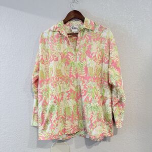 Lilly Pulitzer Pink Green Animal Print Tunic Blouse 3/4 Sleeve Cotton Medium